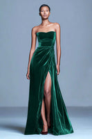 Load image into Gallery viewer, Burgundy Strapless Velvet Long Holiday Party Dress with Slit