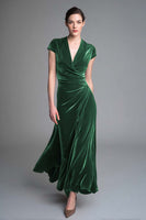 Load image into Gallery viewer, Caramel Velvet V Neck Ruched Long Holiday Party Dress with Sleeves