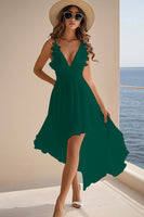 Load image into Gallery viewer, Queendancer Women White Chiffon High Low Rehearsal Dinner Dress with Ruffles A Line Spaghetti Straps Boho Summer Dress