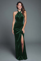 Load image into Gallery viewer, Burgundy Halter Velvet Mermaid Ruched Long Holiday Party Dress with Slit