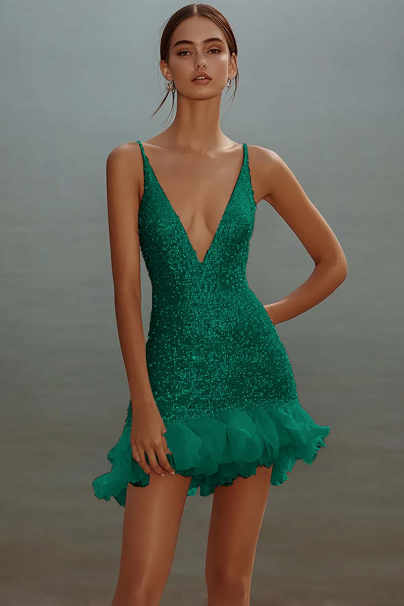 Load image into Gallery viewer, Sparkly White Bodycon Sequins V-Neck Graduation Dress