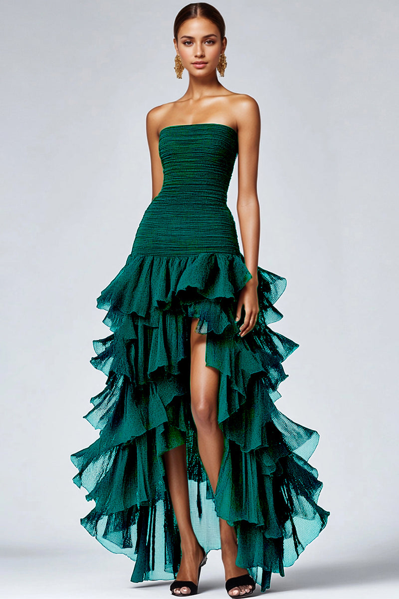 Load image into Gallery viewer, Queendancer Women Tulle Masquerade Dress with Slit A Line Strapless Gala Dress Ankle Length Tiered Black Ruffle Dress