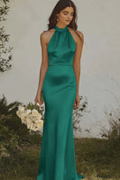 Load image into Gallery viewer, Light Yellow Sheath Halter Long Satin Bridesmaid Dress