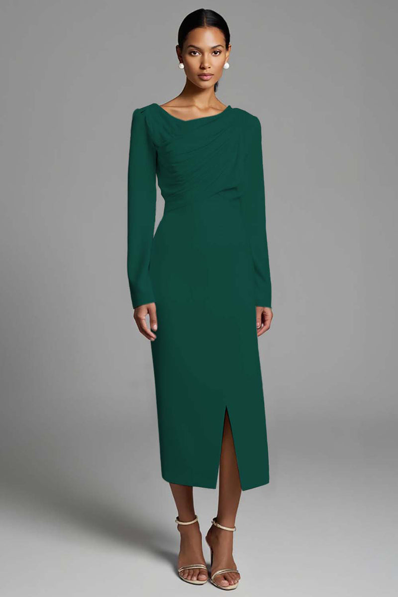 Load image into Gallery viewer, Ivory Sheath Ruched Long Sleeves Work Dress with Slit