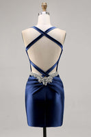 Load image into Gallery viewer, Sparkly Dark Green Satin Corset Tight Short Homecoming Dress with Beading