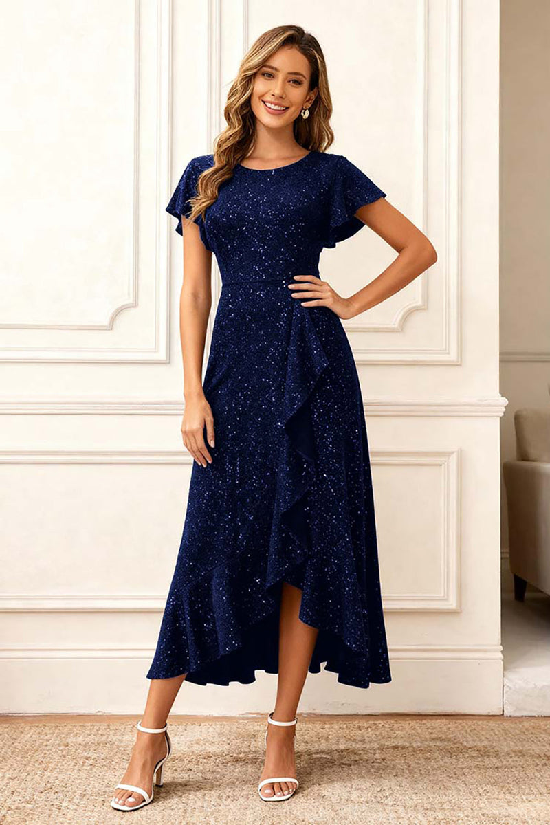 Load image into Gallery viewer, Glitter Black Round Neck A Line Long Holiday Party Dress with Sleeves