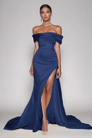 Load image into Gallery viewer, Dark Green Satin Off the Shoulder Sheath Long Prom Dress with Slit