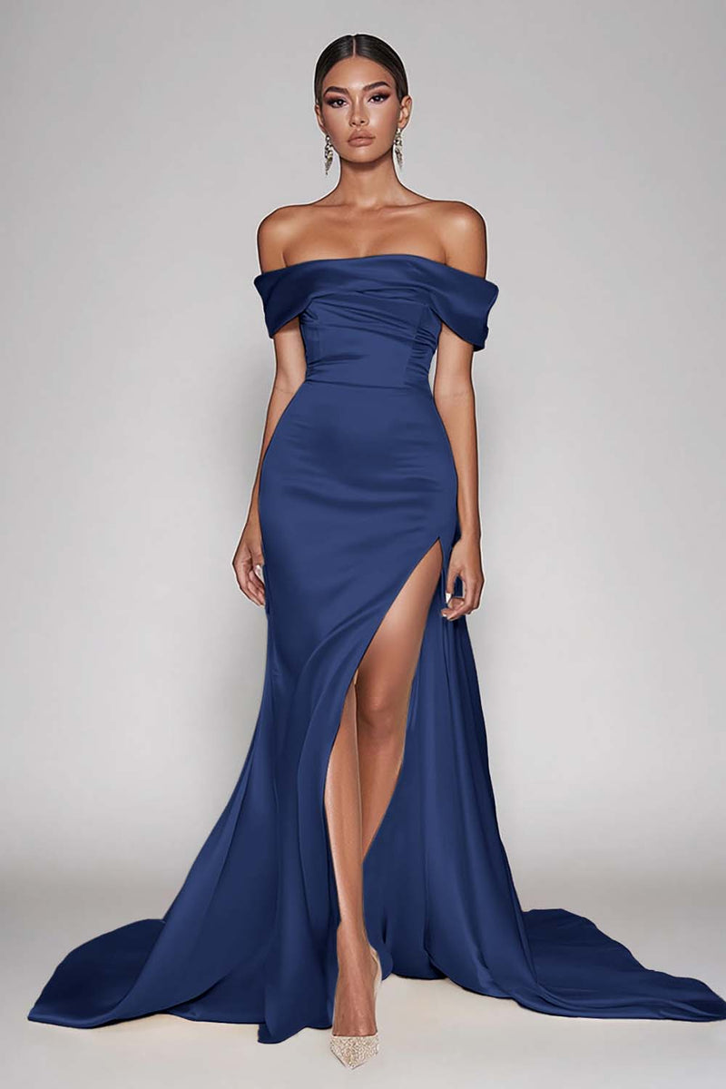 Load image into Gallery viewer, Dark Green Satin Off the Shoulder Sheath Long Prom Dress with Slit