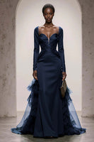 Load image into Gallery viewer, Dark Green Satin Mermaid Sweetheart Long Sleeves Formal Dress with Tulle