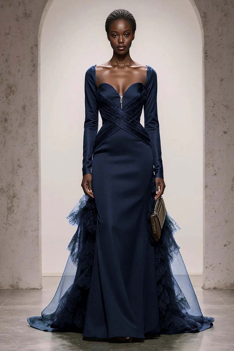 Load image into Gallery viewer, Dark Green Satin Mermaid Sweetheart Long Sleeves Formal Dress with Tulle