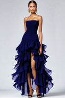 Load image into Gallery viewer, Queendancer Women Black Tulle Masquerade Dress with Slit A Line Strapless Gala Dress Ankle Length Tiered Best Petite Formal Dress