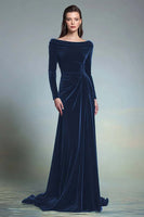 Load image into Gallery viewer, Dark Green Velvet Sheath Boat Neck Long Sleeves Formal Dress