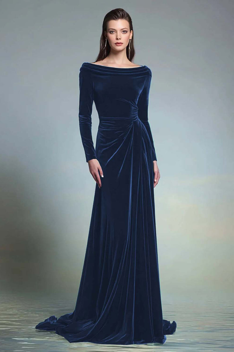 Load image into Gallery viewer, Dark Green Velvet Sheath Boat Neck Long Sleeves Formal Dress
