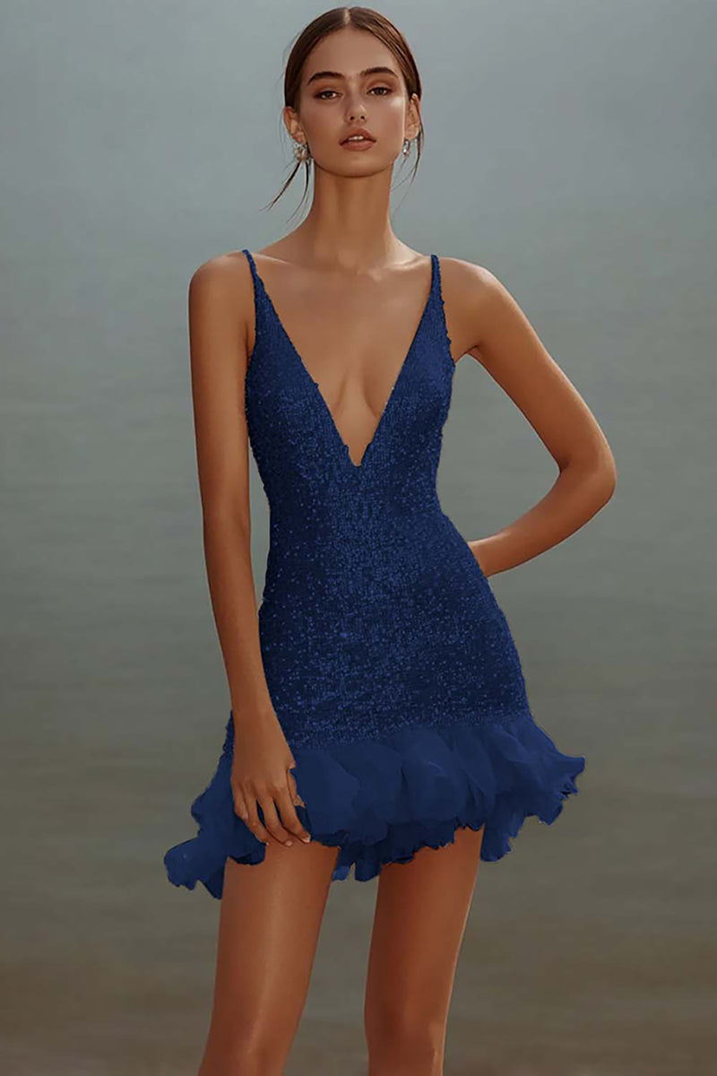 Load image into Gallery viewer, Sparkly White Bodycon Sequins V-Neck Graduation Dress