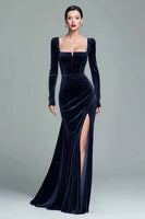 Load image into Gallery viewer, Dark Green Velvet Ruched Square Neck Long Holiday Party Dress with Slit
