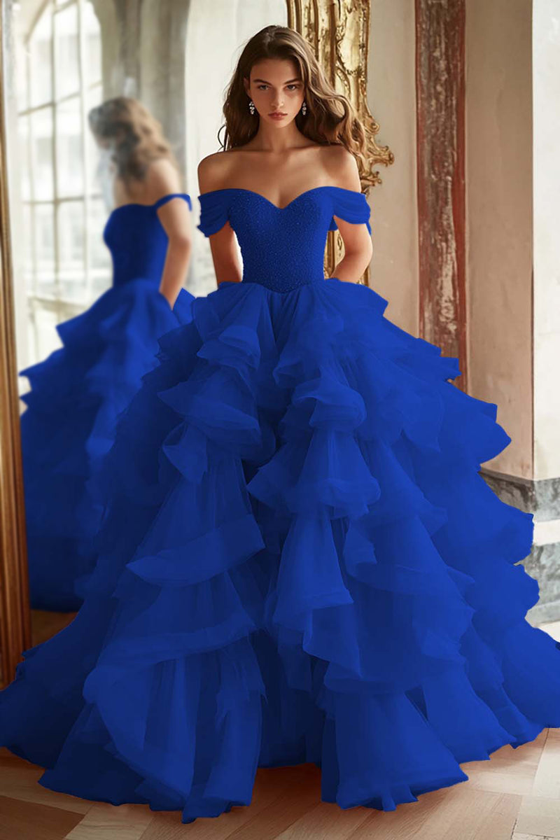 Load image into Gallery viewer, Pink Ball Gown A Line Tulle Off the Shoulder Tiered Long Quinceanera Dress with Ruffles