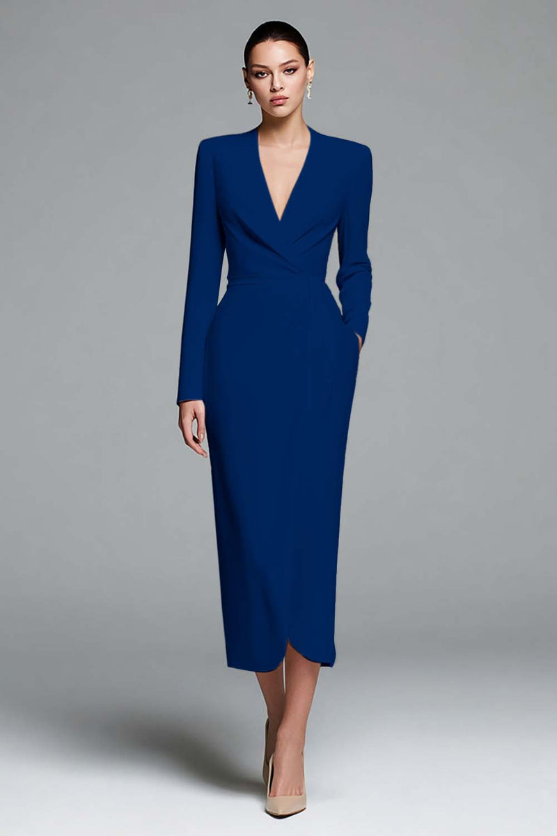 Load image into Gallery viewer, Dusty Rose Sheath Satin V-Neck Ruched Long Sleeves Work Dress