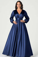 Load image into Gallery viewer, Queendancer Women Dark Navy Satin Mother of the Bride Dress A Line Long Sleeves Ball Gown V-Neck Pleated Long Wedding Guest Dress