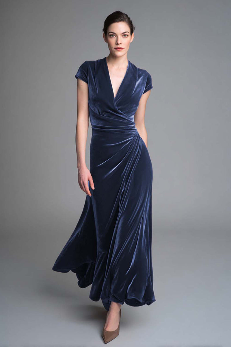 Load image into Gallery viewer, Caramel Velvet V Neck Ruched Long Holiday Party Dress with Sleeves