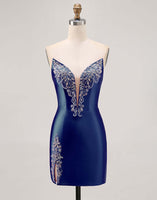 Load image into Gallery viewer, Red Satin Strapless Tight Short Homecoming Dress with Rhinestones
