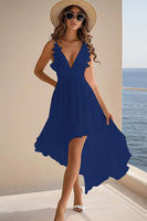 Load image into Gallery viewer, Queendancer Women White Chiffon High Low Rehearsal Dinner Dress with Ruffles A Line Spaghetti Straps Boho Summer Dress