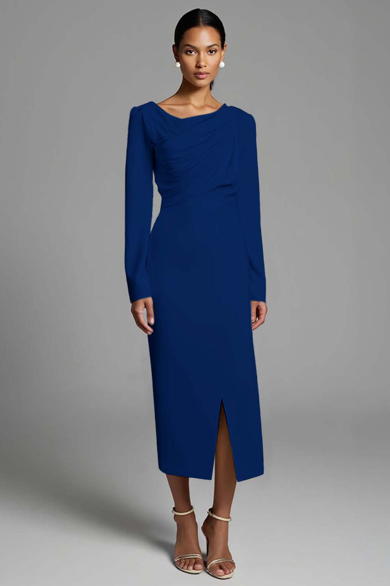 Load image into Gallery viewer, Ivory Sheath Ruched Long Sleeves Work Dress with Slit