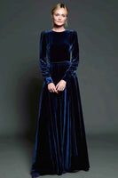 Load image into Gallery viewer, Simple Dark Purple A Line Velvet Long Holiday Party Dress with Sleeves