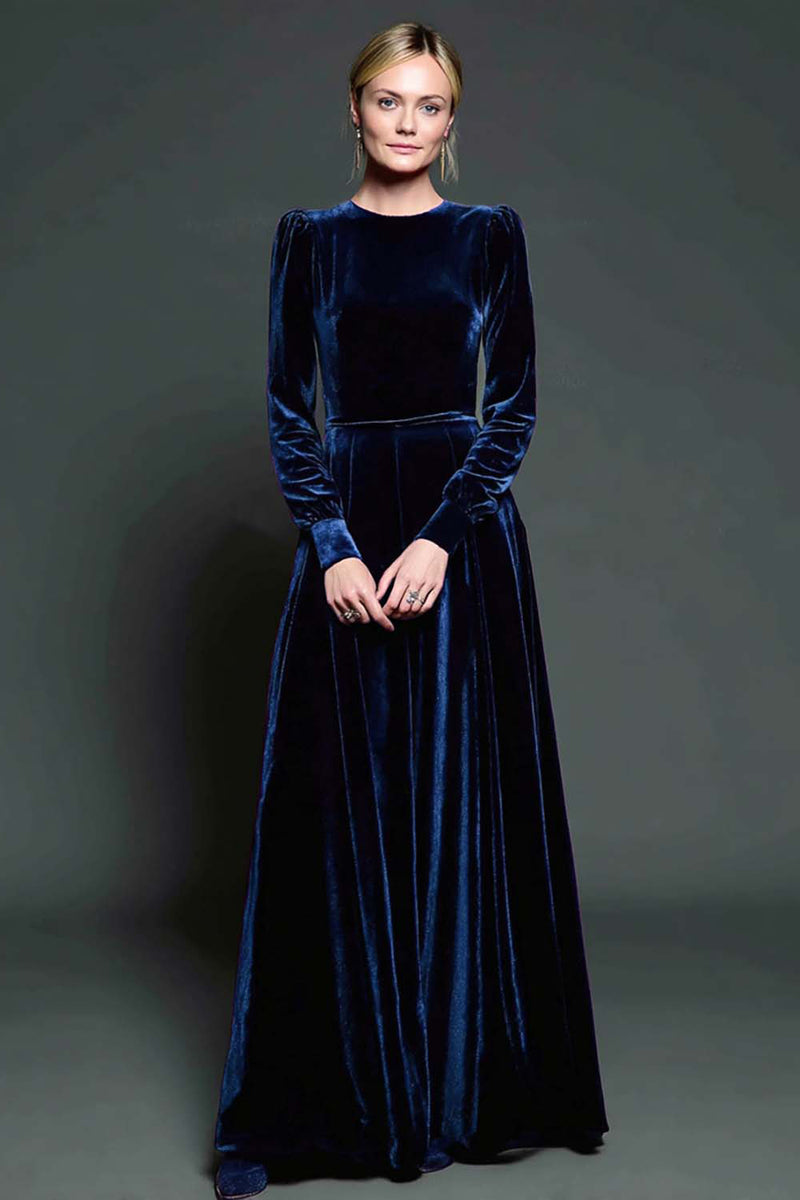 Load image into Gallery viewer, Simple Dark Purple A Line Velvet Long Holiday Party Dress with Sleeves