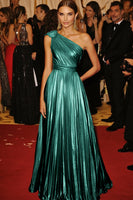 Load image into Gallery viewer, Queendancer Women Metallic Gold Pleated Long Formal Gold Dress A Line One Shoulder Back Cape Gala Dress