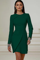 Load image into Gallery viewer, Queendancer Women Ivory Pleated Short Work Dress Long Sleeves Pencil Round Neck Business Dress