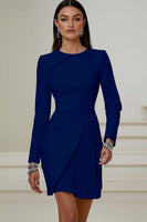 Load image into Gallery viewer, Queendancer Women Ivory Pleated Short Work Dress Long Sleeves Pencil Round Neck Business Dress