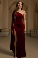 Load image into Gallery viewer, Dark Green Velvet Sheath One Shoulder Long Holiday Party Dress with Slit