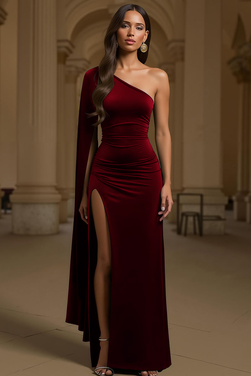 Load image into Gallery viewer, Dark Green Velvet Sheath One Shoulder Long Holiday Party Dress with Slit