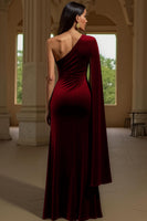 Load image into Gallery viewer, Dark Green Velvet Sheath One Shoulder Long Holiday Party Dress with Slit