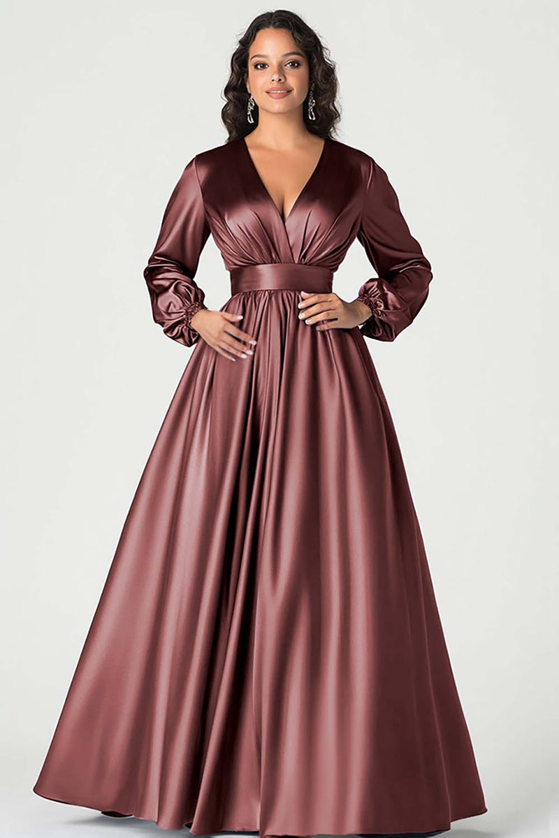 Load image into Gallery viewer, Queendancer Women Dark Navy Satin Mother of the Bride Dress A Line Long Sleeves Ball Gown V-Neck Pleated Long Wedding Guest Dress