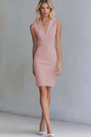 Load image into Gallery viewer, Queendancer Women Ivory Satin Short Work Dress Bodycon V-Neck Sleeveless Semi Formal Dress