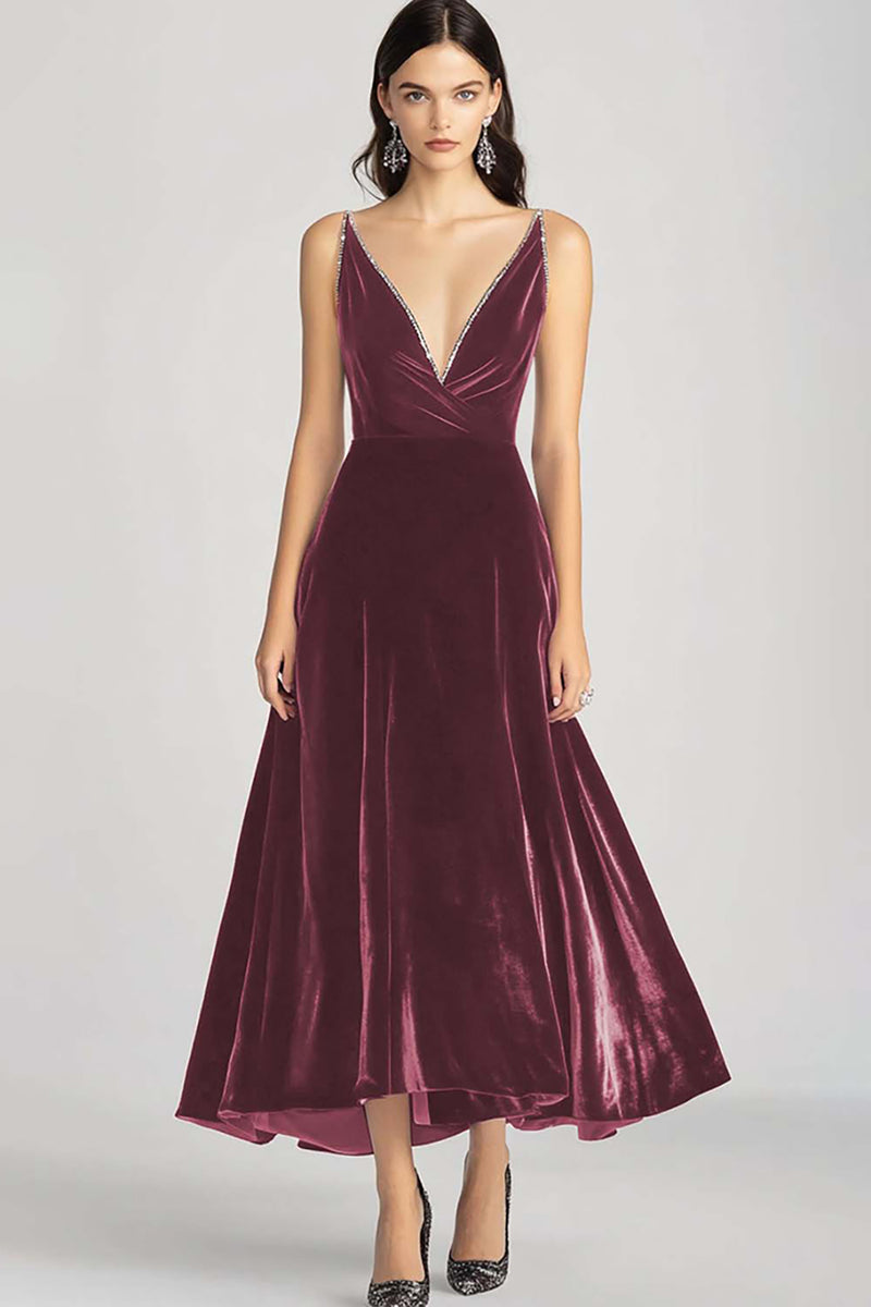Load image into Gallery viewer, Burgundy Velvet V-Neck A Line Long Formal Dress