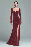 Load image into Gallery viewer, Dark Green Velvet Ruched Square Neck Long Holiday Party Dress with Slit
