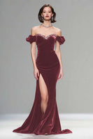 Load image into Gallery viewer, Sparkly Burgundy Velvet Off the Shoulder Long Holiday Party Dress with Beading