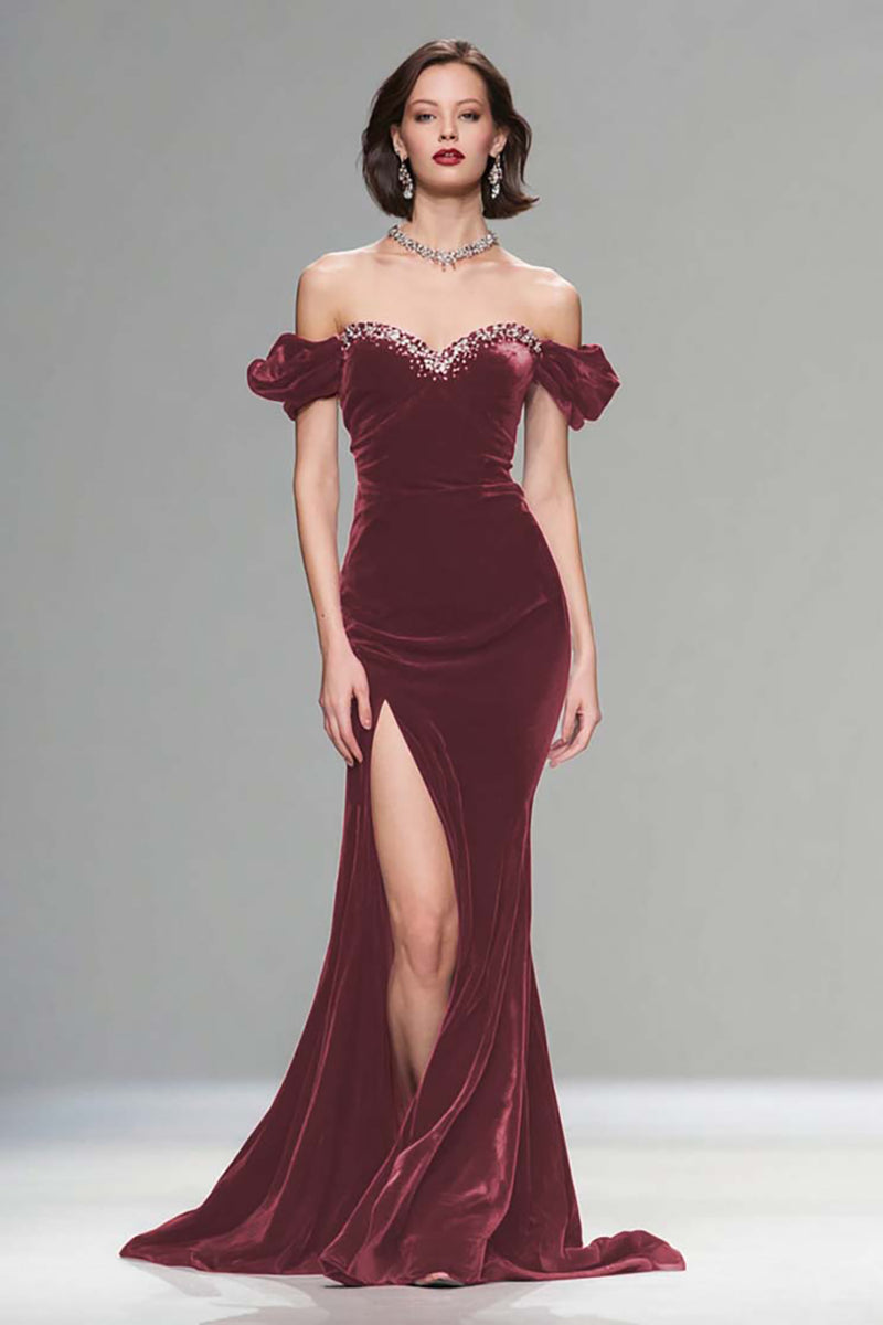 Load image into Gallery viewer, Sparkly Burgundy Velvet Off the Shoulder Long Holiday Party Dress with Beading