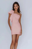 Load image into Gallery viewer, White Sheath Satin One Shoulder Graduation Dress with Bow