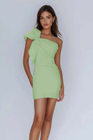 Load image into Gallery viewer, White Sheath Satin One Shoulder Graduation Dress with Bow