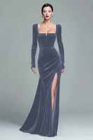 Load image into Gallery viewer, Dark Green Velvet Ruched Square Neck Long Holiday Party Dress with Slit