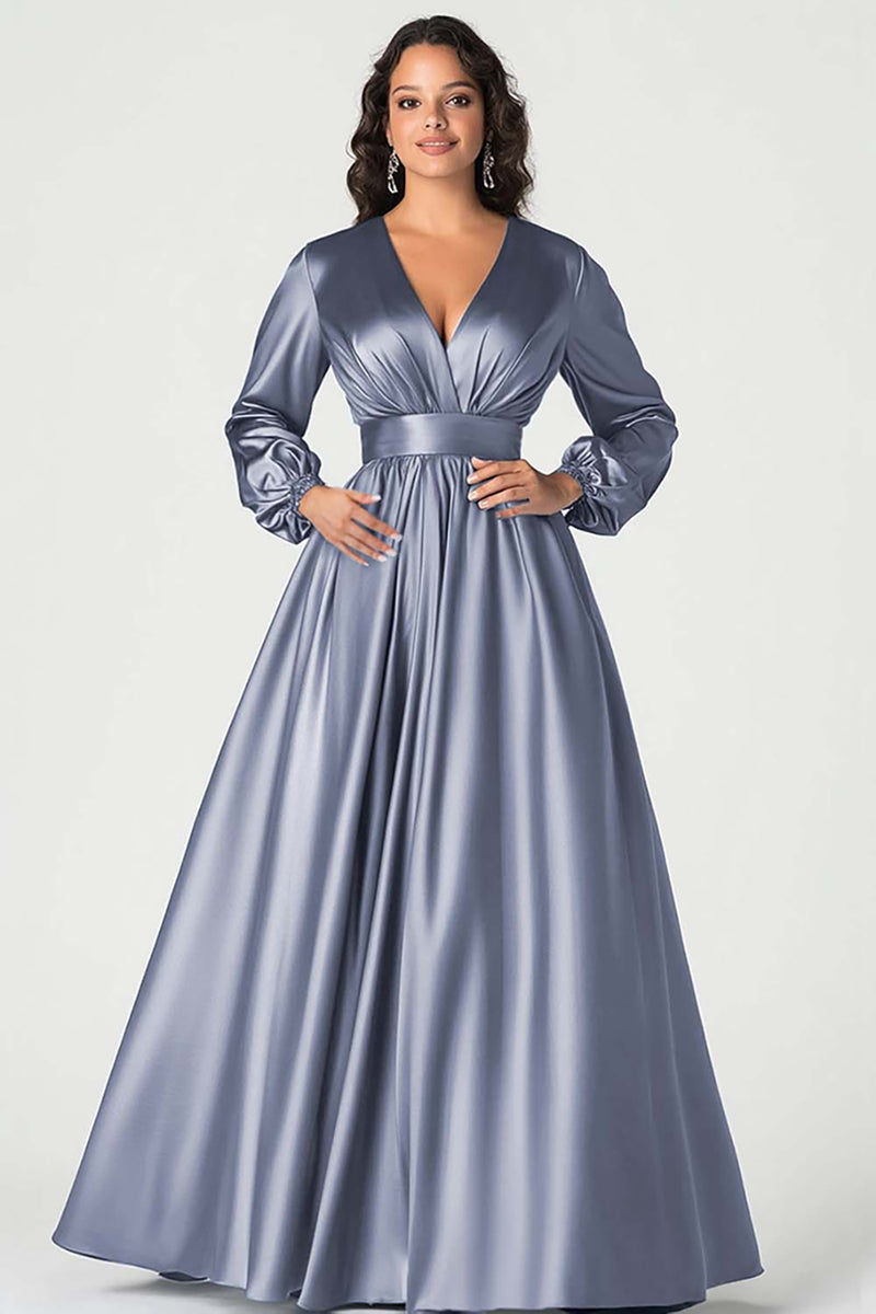 Load image into Gallery viewer, Queendancer Women Dark Navy Satin Mother of the Bride Dress A Line Long Sleeves Ball Gown V-Neck Pleated Long Wedding Guest Dress