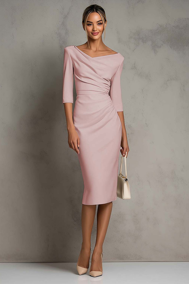 Load image into Gallery viewer, Simple Ivory Ruched Pencil Half Sleeves Midi Work Dress with Slit