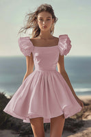 Load image into Gallery viewer, White Satin Mini Graduation Dress with Ruffles