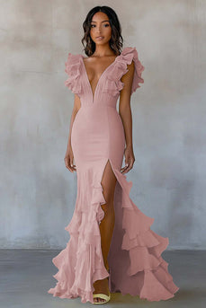 Dusty Blue Ruffled Mermaid Chiffon Long Formal Dress with Slit