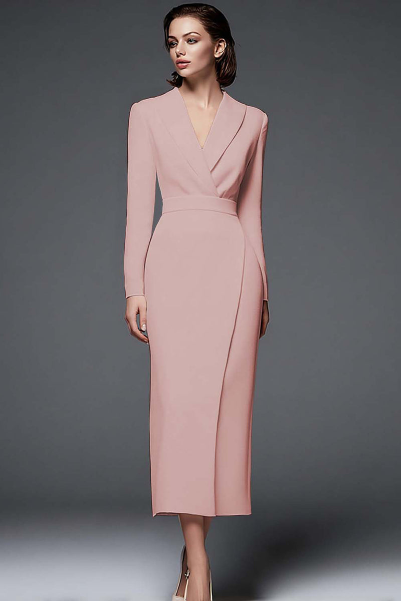 Load image into Gallery viewer, Queendancer Women Simple Dusty Rose Long Blazer Dress with Sleeves Pencil Shawl Lapel Work Dress