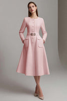 Load image into Gallery viewer, Queendancer Women Ivory Tweed Midi Homecoming Outfits with Belts A Line Long Sleeves Boat Neck Pageant Interview Dress with Pockets