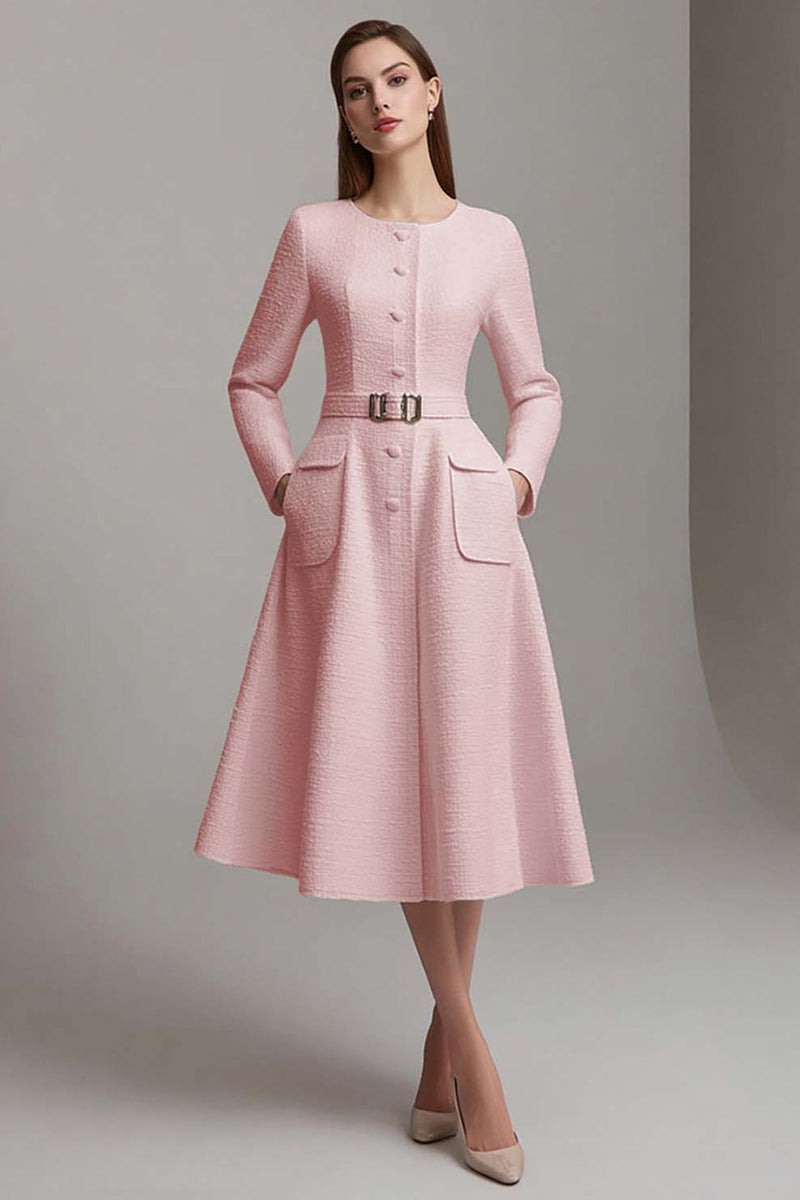 Load image into Gallery viewer, Queendancer Women Ivory Tweed Midi Homecoming Outfits with Belts A Line Long Sleeves Boat Neck Pageant Interview Dress with Pockets